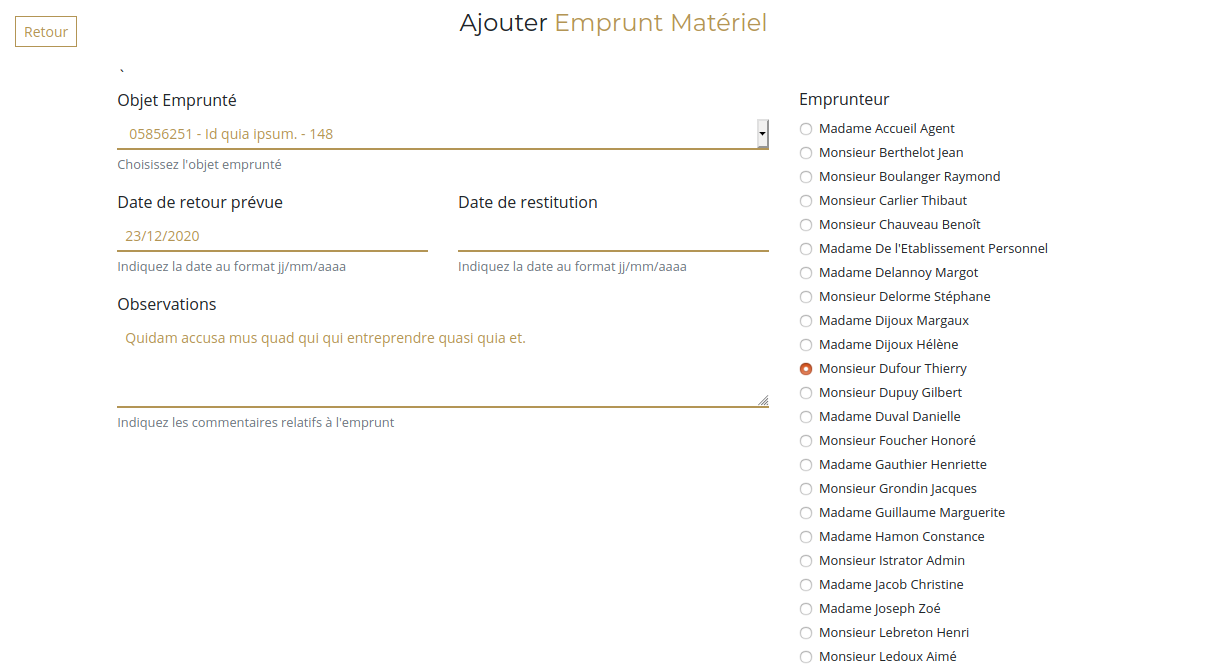 Copie d'écran saisie d'un nouvel emprunt